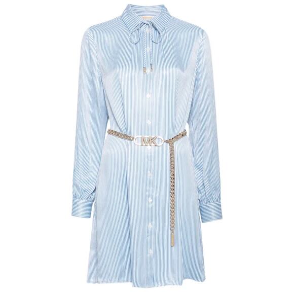 MICHAEL Michael Kors Blueberry Pinstripe Logo Gold Belted Minidress Size S NWT - Picture 12 of 12